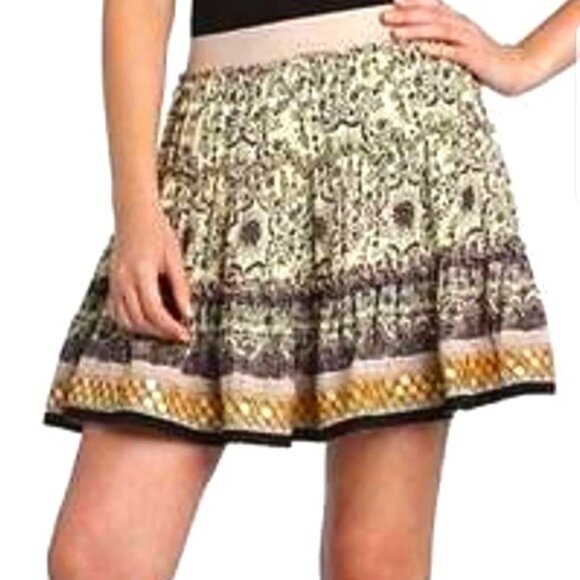 Vtg Y2K Free People Boho Paisley Sequin Tiered Mini Skirt • Skater Grunge Fairy - Picture 2 of 16